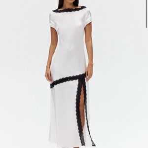 Elegant White Maxi Dress with Black Lace Trim